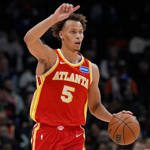 Atlanta Hawks guard Dyson Daniels had his first career triple-double in a 110-87 Hawks win over the Nuggets in Denver on Friday night. (Mike Stewart/AP)