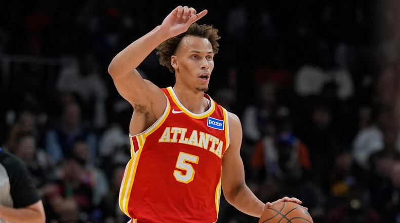 Atlanta Hawks guard Dyson Daniels had his first career triple-double in a 110-87 Hawks win over the Nuggets in Denver on Friday night. (Mike Stewart/AP)