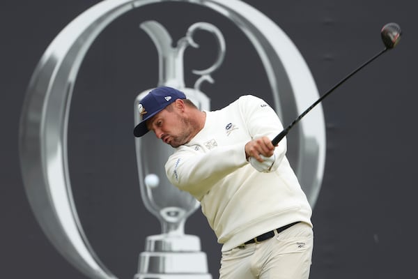 Bryson DeChambeau of the United States play off the 1st tee during the second round of the British Open golf championship at the Royal Portrush Golf Club, Northern Ireland, Friday, July 18, 2025. (AP Photo/Peter Morrison)