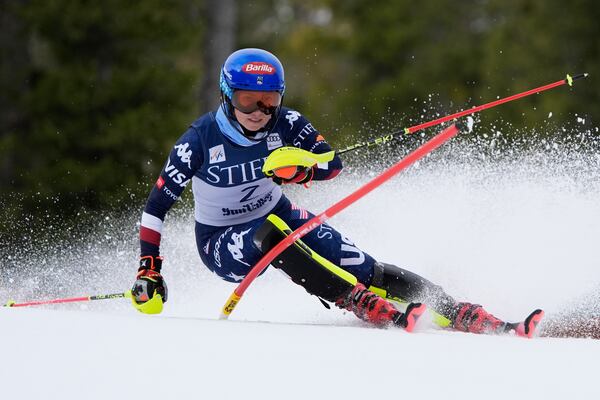 United States' Mikaela Shiffrin skis during a women's slalom run at the World Cup Finals, Thursday, March 27, 2025, in Sun Valley, Idaho. (AP Photo/John Locher)