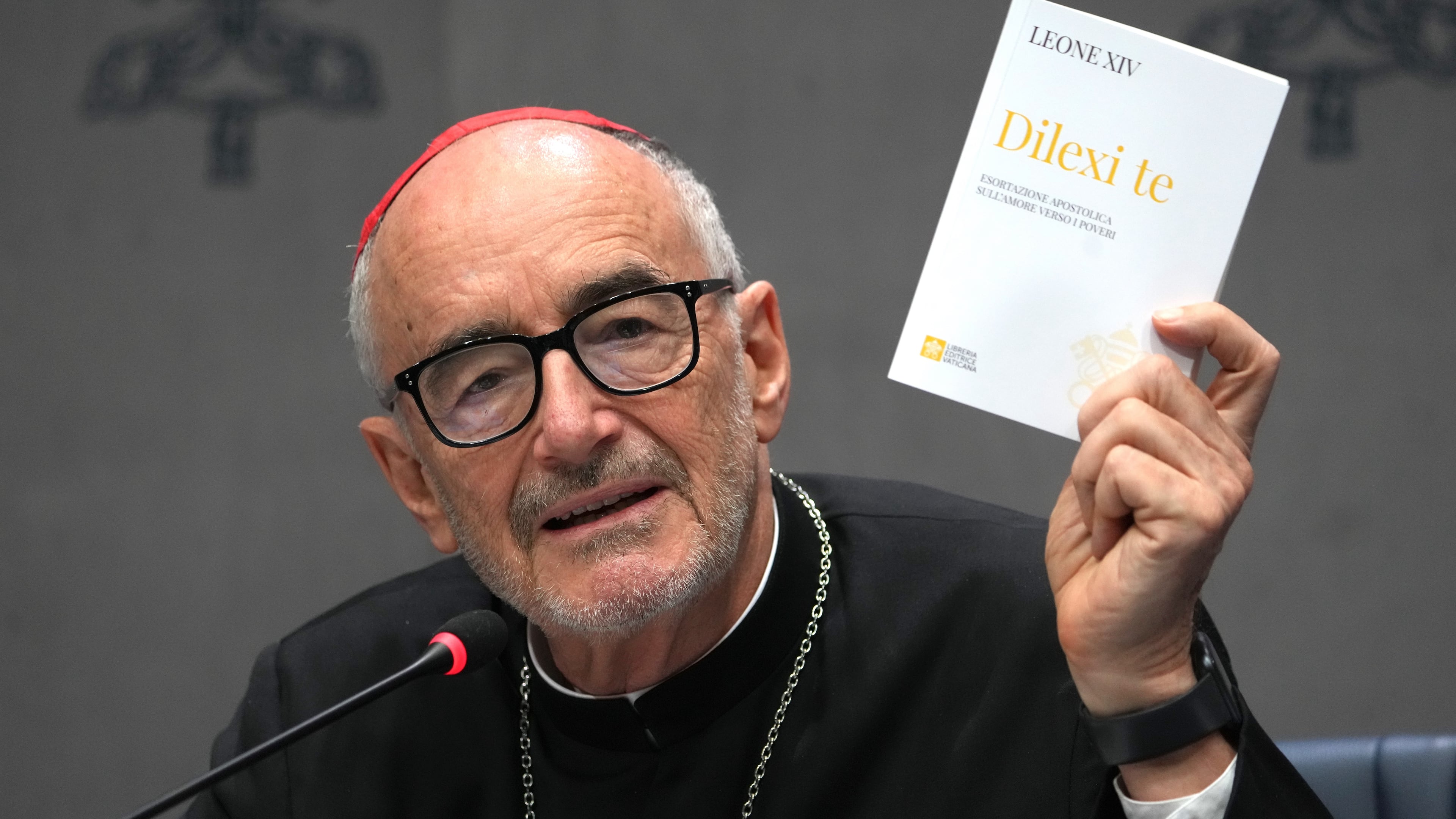 Cardinal Michael Czerny attends a press conference at the Vatican to present Pope Leo XIV's exhortation "Dilexi te"about love for the poor, Thursday, Oct. 9, 2025. (AP Photo/Domenico Stinellis)
