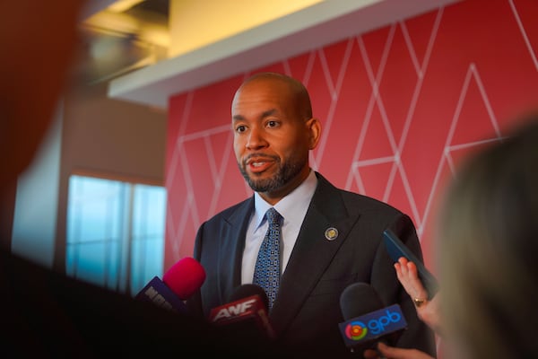 Former Georgia state Sen. Jason Esteves, who is running in the Democratic primary for governor, speaks to the press during a candidate forum event in Atlanta on Tuesday. (Matthew Pearson/WABE via AP)