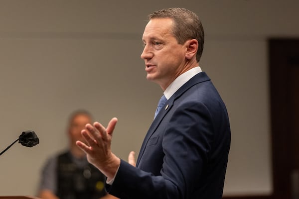 Prosecutor Jesse Evans speaks during the bond hearing of Mahendra Patel, 57, in a Cobb County courtroom in Marietta on Tuesday, May 6, 2025. (Arvin Temkar/AJC)