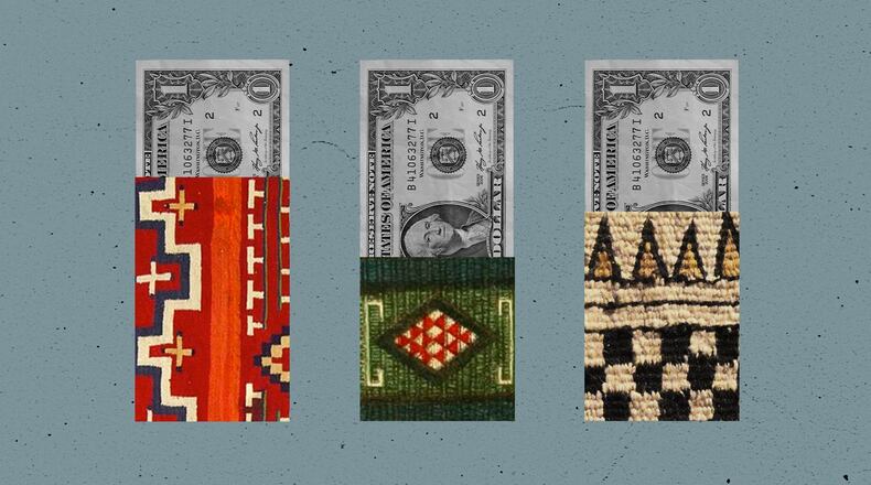 An illustration featuring textiles from (left to right) the Navajo, Zuni and Salish tribes. (Courtesy of Rena Li for The 19th)