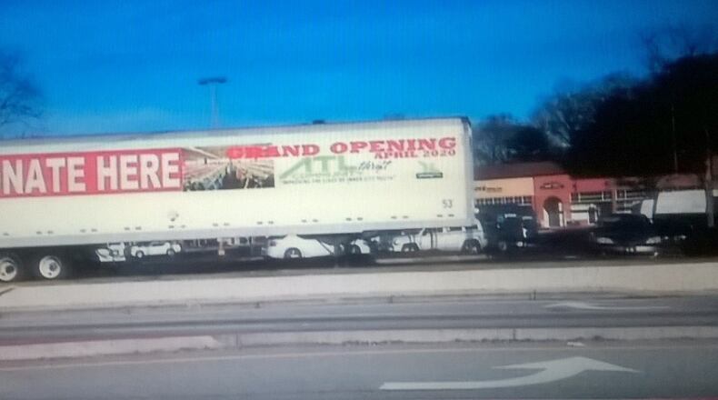 Although the thrift store decision had not been made yet by the Cobb County Board of Commissioners, a donation truck for the just-denied thrift store is in place in the Mableton Walk/Publix shopping center. (Courtesy of Ray Thomas/Mableton Improvement Coalition)