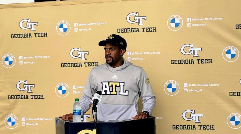 Georgia Tech wide receivers coach Kerry Dixon speaks with media after a preseason practice Aug. 17, 2021. Dixon was hired by the Baltimore Ravens as assistant quarterbacks coach on March 28, 2022. (AJC photo by Ken Sugiura)