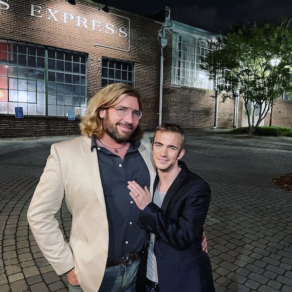 Payne and Cote, well known in Atlanta theater circles, outside of Actor's Express. (Courtesy of Topher Payne and Charlie Cote)