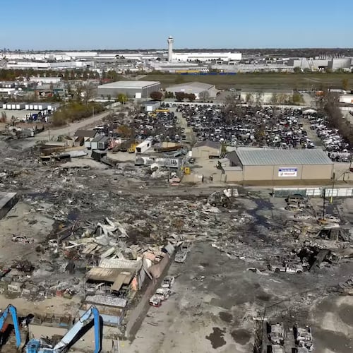 This photo provided by the National Transportation Safety Board shows UPS plane crash scene on Thursday, Nov. 6, 2025 in Louisville, Ky. (NTSB via AP)