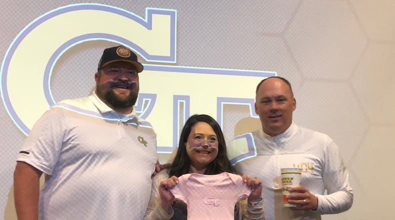 Georgia Tech coach Geoff Collins (right) participated Friday, April 19, 2019, in a video to reveal the name and gender of Bill and Laura Barlow's baby, to be named Collins Grace Barlow in honor of the coach. (Photo contributed by Bill Barlow)