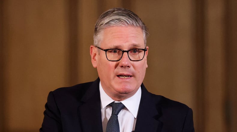 Britain's Prime Minister Keir Starmer speaks, during a meeting with leaders from across society to discuss tackling antisemitism, at Downing Street in London, Tuesday, May 5, 2026. (Hannah McKay/Pool Photo via AP)