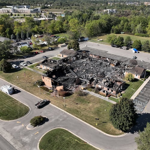FILE - Little remained of The Church of Jesus Christ of Latter-day Saints chapel the day after a former Marine opened fire and set the building ablaze in Grand Blanc Township, Mich., Monday, Sept. 29, 2025. (AP Photo/Mark Vancleave, File)