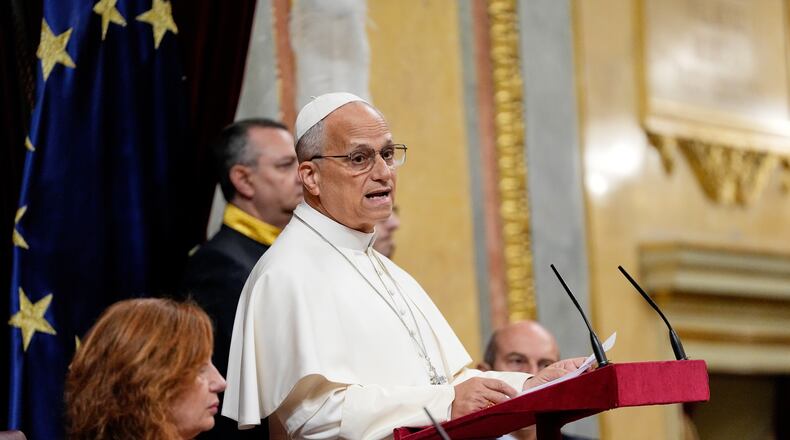Pope Leo XIV delivers his speech as he meets with members of the Spanish Parliament at the Congress of Deputies, in Madrid, Monday, June 8, 2026. (AP Photo/Alessandra Tarantino)