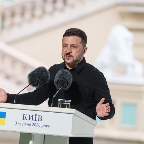 Ukraine's President Volodymyr Zelenskyy speaks to journalists during a joint press conference with NATO Secretary General Mark Rutte in Kyiv, Ukraine, on Wednesday, June 3, 2026. (AP Photo/Evgeniy Maloletka)