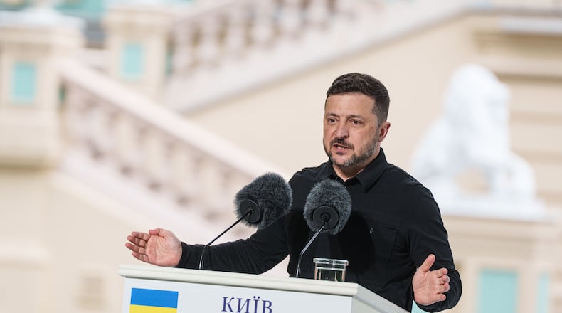 Ukraine's President Volodymyr Zelenskyy speaks to journalists during a joint press conference with NATO Secretary General Mark Rutte in Kyiv, Ukraine, on Wednesday, June 3, 2026. (AP Photo/Evgeniy Maloletka)