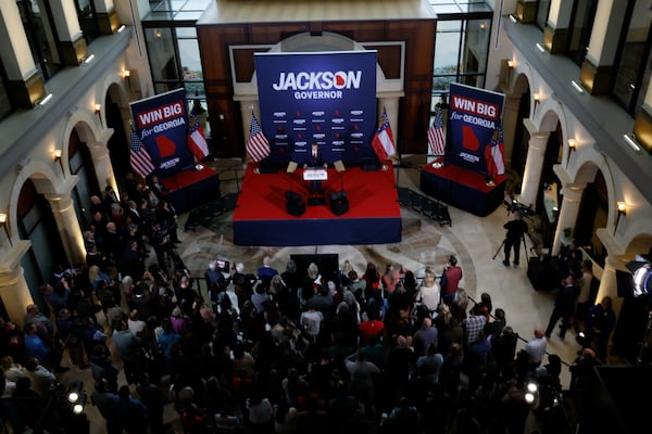 Healthcare business owner Rick Jackson addresses the crowd during his campaign kickoff speech for Georgia governor at Jackson Healthcare in Alpharetta on Wednesday, Feb. 4, 2026.  (Miguel Martinez/AJC)