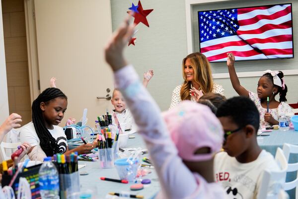 First lady Melania Trump visits patients at Children's National Hospital, Thursday, July 3, 2025, in Washington. (AP Photo/Julia Demaree Nikhinson)
