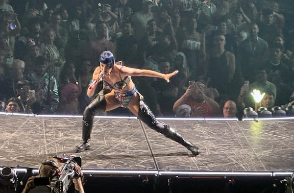 Katy Perry during wore multiple outfits, many with metallic accents to give a cyberpunk feel. during her show at State Farm Arena on Wednesday, Aug. 20, 2025. (Rodney Ho/AJC)