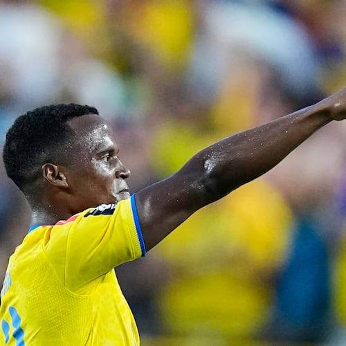 Colombia's Jhon Arias (11) reacts after scoring his team's first goal during the World Cup round of 32 soccer match between Colombia and Ghana in Kansas City, Mo., Friday, July 3, 2026. (AP Photo/Charlie Riedel)