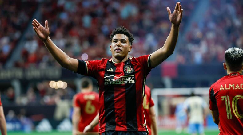 Atlanta United defender Caleb Wiley (26) celebrates with the fans after scoring his team’s second goal during the second half against the Philadelphia Union on Sunday, April 14, 2024.
 Miguel Martinez / miguel.martinezjimenez@ajc.com