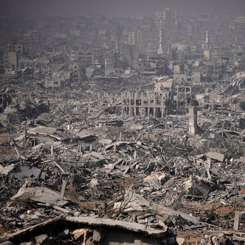 Buildings destroyed by the Israeli military are in ruins in the Shijaiya neighborhood of Gaza City, during an army-organized tour for journalists, Wednesday, Nov. 5, 2025. (AP Photo/Ohad Zwigenberg)