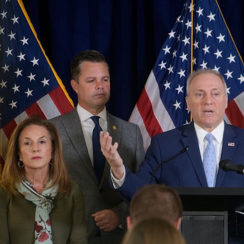 House Majority Leader Steve Scalise, R-La., second from right, is joined by from left: House Republican Conference Chairwoman Lisa McClain, R-Mich., Rep. Zachary Nunn, R-Iowa, and Speaker of the House Mike Johnson, R-La., during a news conference at the Republican National Committee on Capitol Hill, Tuesday, Dec. 2, 2025, in Washington. (AP Photo/Rod Lamkey, Jr.)