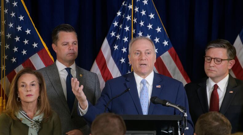 House Majority Leader Steve Scalise, R-La., second from right, is joined by from left: House Republican Conference Chairwoman Lisa McClain, R-Mich., Rep. Zachary Nunn, R-Iowa, and Speaker of the House Mike Johnson, R-La., during a news conference at the Republican National Committee on Capitol Hill, Tuesday, Dec. 2, 2025, in Washington. (AP Photo/Rod Lamkey, Jr.)