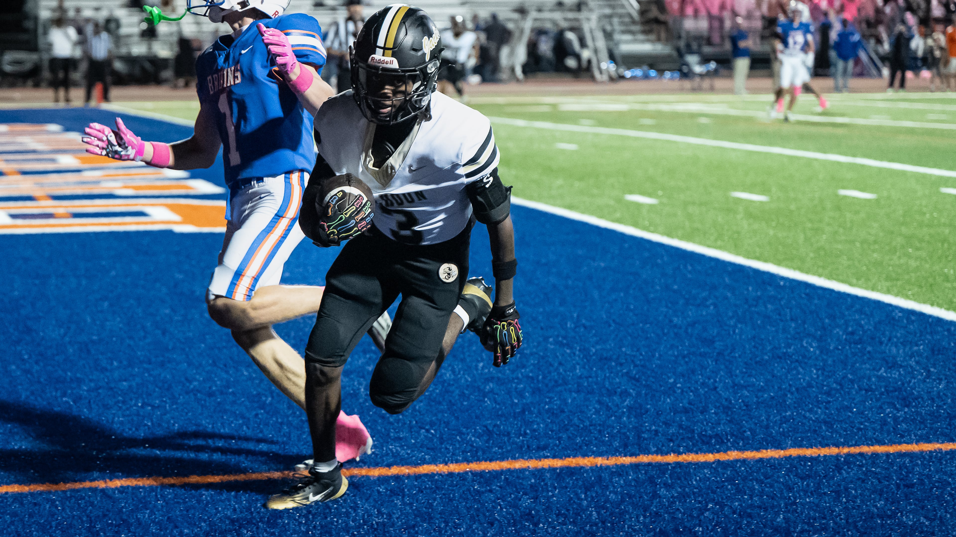 Calhoun receiver Justin Beasley Jr. scores one of his three touchdowns against Northwest Whitfield on Friday, Oct. 10, 2025. Beasley has 12 receiving touchdowns this season. (Courtesy of Tim Godbee)