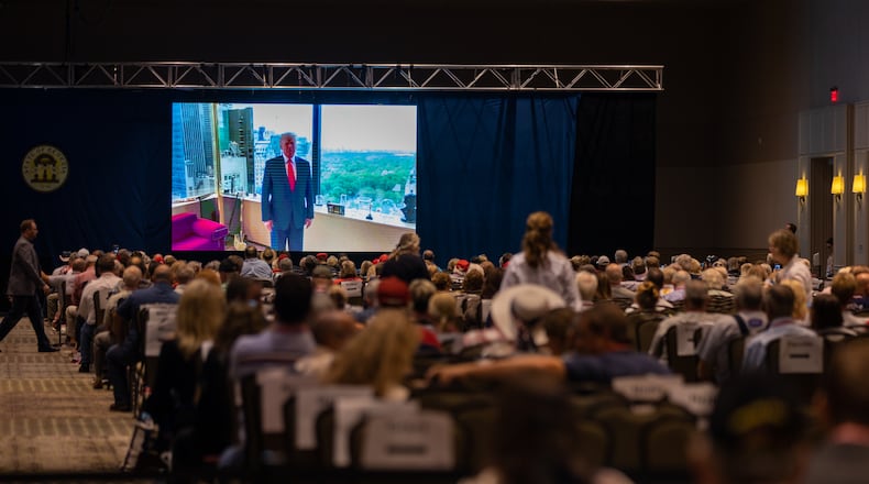 Former President Donald Trump addresses, virtually, the Georgia GOP convention at Jekyll Island on Saturday, June 5, 2021. (Photo: Nathan Posner for The Atlanta-Journal-Constitution)