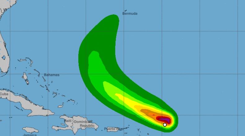 The National Oceanic and Atmospheric Administration National Hurricane Center's projected tropical storm-force wind possibilities for Tropical Storm Josephine.