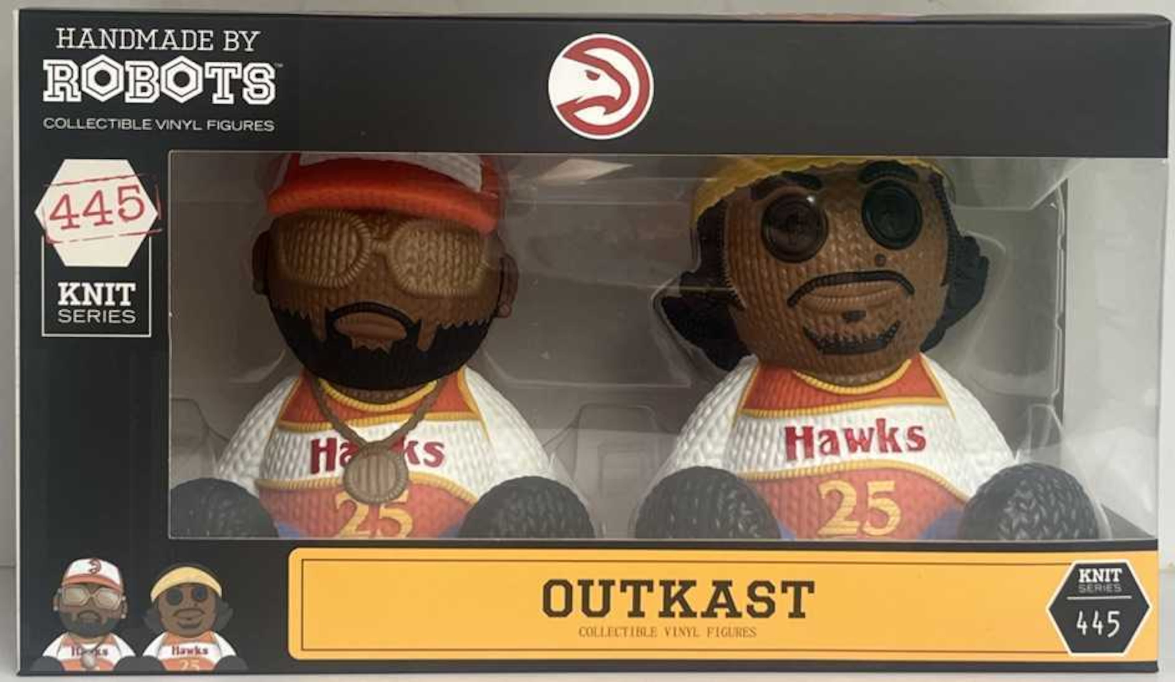 The limited-edition Outkast collectible includes Big Boi and André 3000 wearing Hawks jerseys. The design was created by Handmade by Robots. (Courtesy)