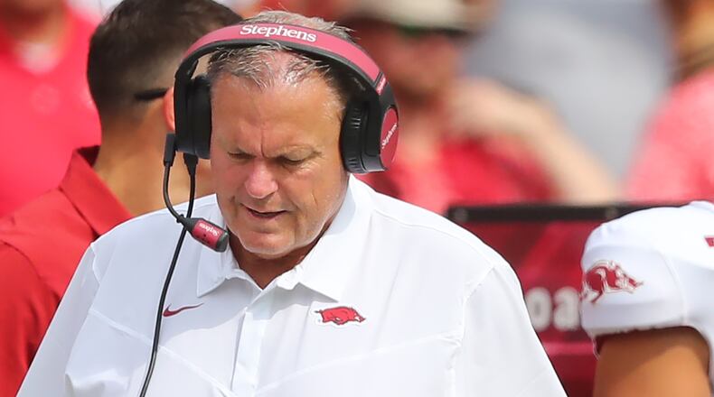 Arkansas head coach Sam Pittman walks the sidelines during the second half of 37-0 loss to Georgia Saturday, Oct. 2, 2021, at Sanford Stadium in Athens. (Curtis Compton / Curtis.Compton@ajc.com)