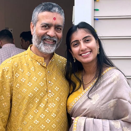This 2022 photo provided by Mukti Patel shows Umesh Kumar and his daughter, Akanksha, in Richmond, Va. (Mukti Patel via AP)