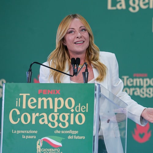 Italy's Prime Minister Giorgia Meloni attends at Fenix, the FdI youth festival, in Rome, Sunday, Sept. 20, 2026. (Valentina Stefanelli/LaPresse via AP)