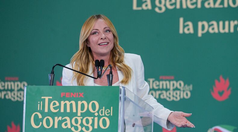 Italy's Prime Minister Giorgia Meloni attends at Fenix, the FdI youth festival, in Rome, Sunday, Sept. 20, 2026. (Valentina Stefanelli/LaPresse via AP)