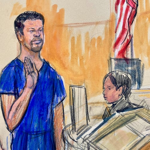 This courtroom sketch depicts Cole Tomas Allen, left, the California man arrested in the shooting incident at the correspondents dinner in Washington, seen appearing before Magistrate Judge Matthew J. Sharbaugh, in federal court, Monday, April 27, 2026 in Washington. (Dana Verkouteren via AP)