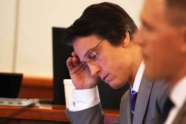 Bruce Ringstrom Jr., one of three attorneys representing Minn. state Sen. Nicole Mitchell, D-Woodbury, in her felony burglary trial, is seen on the fifth day of the trial, Friday, July 18, 2025, at Becker County District Court in Detroit Lakes, Minn. (Anna Paige/The Forum via AP, Pool)