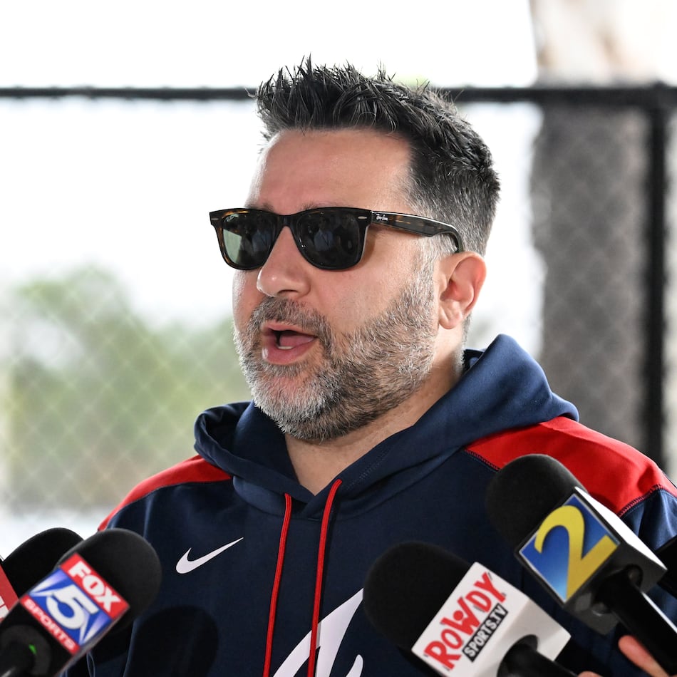 Atlanta Braves president of baseball operations Alex Anthopoulos, pictured speaking during spring training in February. said Saturday that the team has not yet started to interview managerial candidates. Six other teams have managerial openings, including the Angels, Giants, Nationals, Orioles, Rockies and Twins. (Hyosub Shin/AJC)