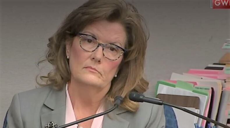 Gwinnett Superior Court Judge Kathryn Schrader testifies Thursday, Feb. 13, during her trial on computer trespass charges. CHANNEL 2 ACTION NEWS