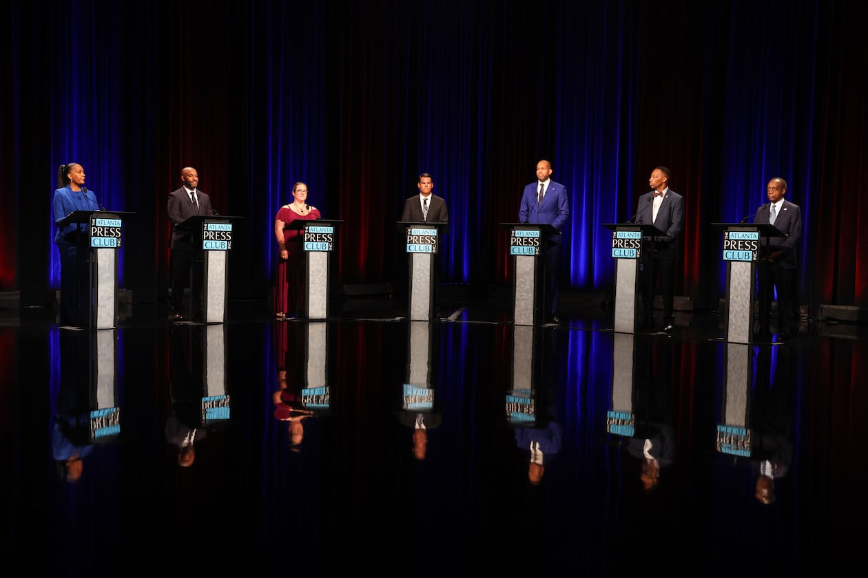 Democratic candidates for governor (from left) Keisha Lance Bottoms, Olu Brown, Amanda Duffy, Geoff Duncan, Jason Esteves, Derrick Jackson and Michael Thurmond, appear at the Atlanta Press Club Loudermilk-Young primary election debate at Georgia Public Broadcasting, Monday, April 27, 2026, in Atlanta. (Arvin Temkar/AJC)