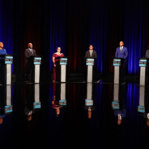 Democratic candidates for governor (from left) Keisha Lance Bottoms, Olu Brown, Amanda Duffy, Geoff Duncan, Jason Esteves, Derrick Jackson and Michael Thurmond, appear at the Atlanta Press Club Loudermilk-Young primary election debate at Georgia Public Broadcasting, Monday, April 27, 2026, in Atlanta. (Arvin Temkar/AJC)
