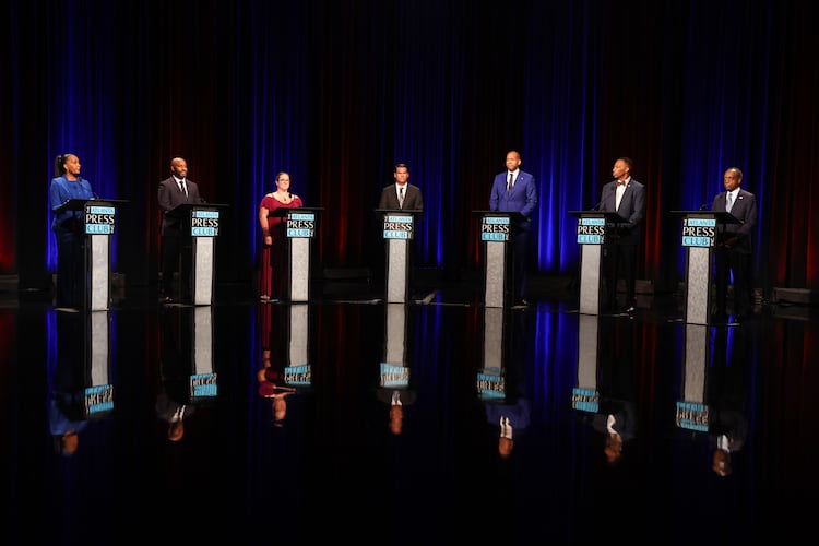 Democratic candidates for governor (from left) Keisha Lance Bottoms, Olu Brown, Amanda Duffy, Geoff Duncan, Jason Esteves, Derrick Jackson and Michael Thurmond, appear at the Atlanta Press Club Loudermilk-Young primary election debate at Georgia Public Broadcasting, Monday, April 27, 2026, in Atlanta. (Arvin Temkar/AJC)