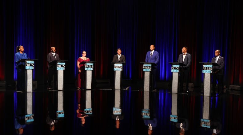 Democratic candidates for governor (from left) Keisha Lance Bottoms, Olu Brown, Amanda Duffy, Geoff Duncan, Jason Esteves, Derrick Jackson and Michael Thurmond, appear at the Atlanta Press Club Loudermilk-Young primary election debate at Georgia Public Broadcasting, Monday, April 27, 2026, in Atlanta. (Arvin Temkar/AJC)