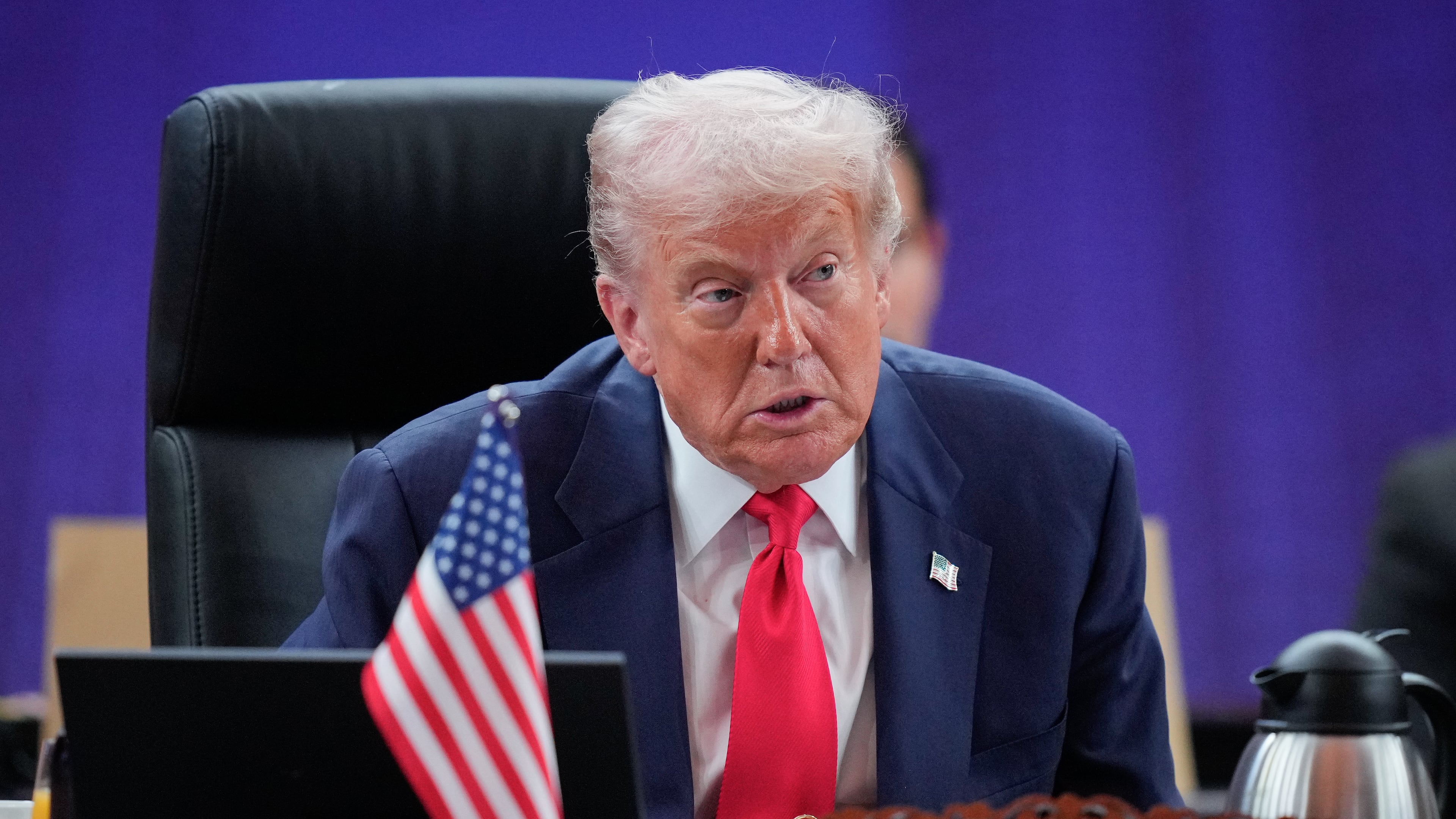 President Donald Trump addresses during the ASEAN US Summit in Kuala Lumpur, Malaysia, Sunday, Oct. 26, 2025. (AP Photo/Vincent Thian, Pool)