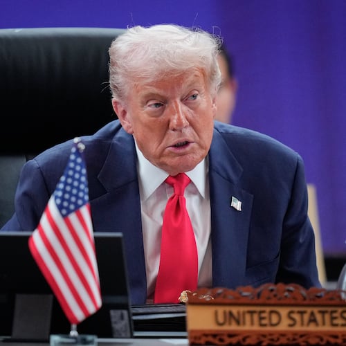 President Donald Trump addresses during the ASEAN US Summit in Kuala Lumpur, Malaysia, Sunday, Oct. 26, 2025. (AP Photo/Vincent Thian, Pool)