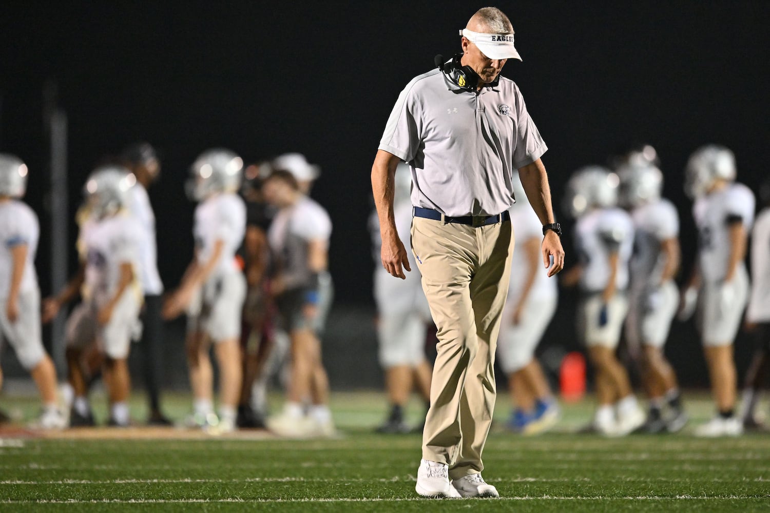 East Jackson head coach Cameron Pettus is seen after the Eagles lost to the Hebron Lions 55-10 Friday, Sept. 26, 2025, at Hebron Christian Academy. (Daniel Varnado for the AJC)