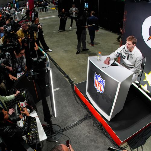 New England Patriots quarterback Drake Maye speaks during the NFL Super Bowl Opening Night, Monday, Feb. 2, 2026, in San Jose, Calif., ahead of the Super Bowl 60 football game between the Seattle Seahawks and the New England Patriots. (AP Photo/Charlie Riedel)