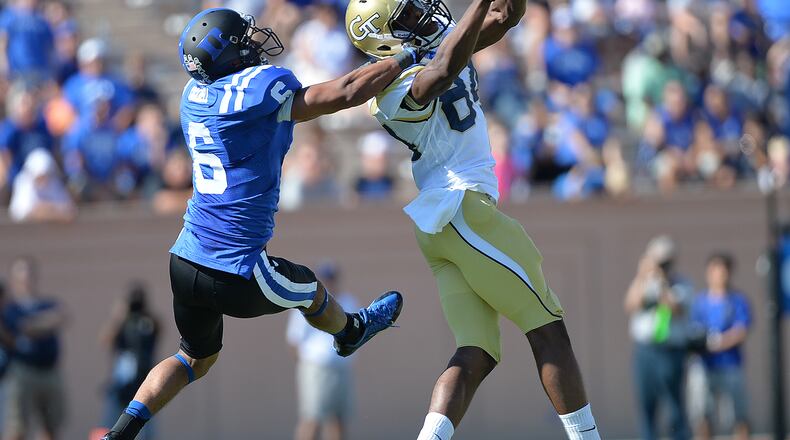 September 14 ,2013 - Durham NC: Duke University’s Ross Cockrell (6) grabs Georgia Tech’s Micheal Summers (84) around the neck to break up the catch inside Wallace Wade Stadium in Durham, North Carolina on Saturday, September 14, 2013. JOHNNY CRAWFORD / JCRAWFORD@AJC.COM