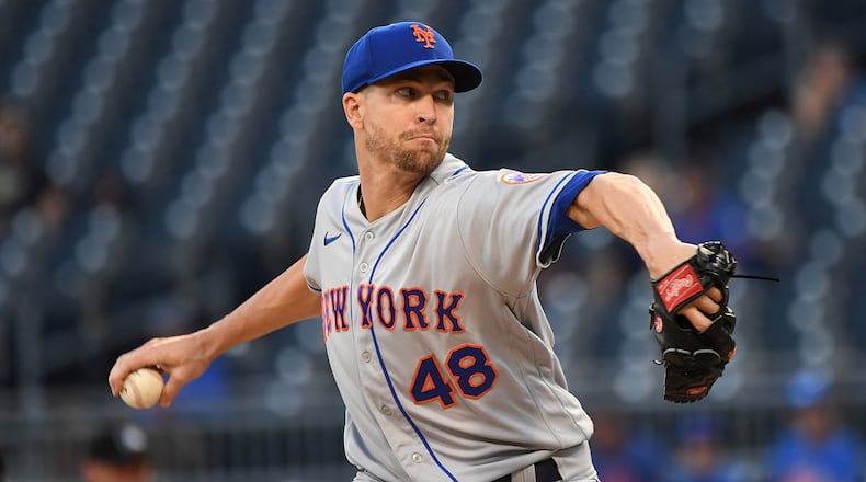 Jacob deGrom of the New York Mets delivers a pitch in the first inning during the second game of a doubleheader against the Pittsburgh Pirates at PNC Park on Wednesday, Sept. 7, 2022, in Pittsburgh. (Justin Berl/Getty Images/TNS)