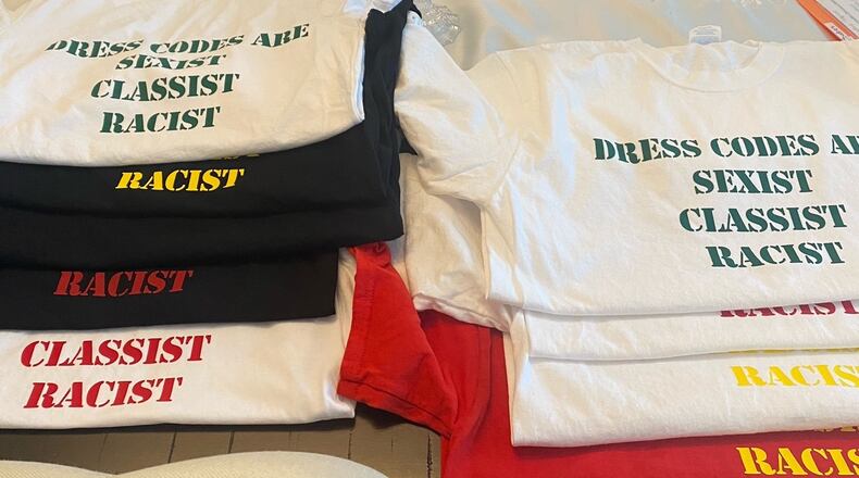 These T-shirts were made last school year by a Cobb middle schooler to protest a dress code the students said unfairly targeted girls. (Courtesy photo)