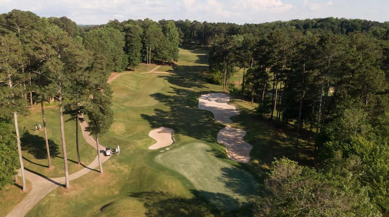 Aerial view of the 15th hole from the green at Cobblestone Golf Course in Acworth. (Hyosub Shin / Hyosub.Shin@ajc.com)